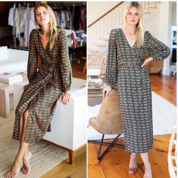 EMERSON FRY Bishop Sleeves Wrap Midi Dress  100% Rayon Dark Green Cheetah M - Picture 9 of 9